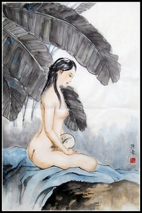 《夏韵》国画水墨裸体人物女人体纯手工原稿  尺寸69*46cm
