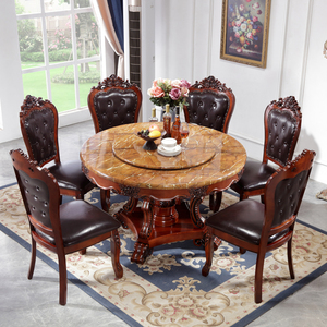 欧式餐桌椅组合6人大理石圆形桌美式小户型1.2米家用岩板实木饭桌