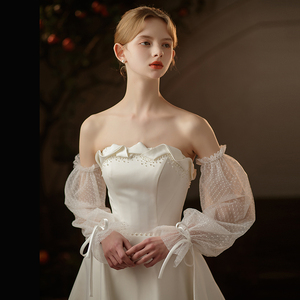 WG082白色优雅长款植绒点点网纱新娘礼服无手指袖套拍照婚纱手套