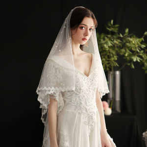 V650超仙珍珠新娘头纱 森系白色蕾丝花边婚礼主头纱结婚拍照头饰