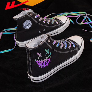 回力黑色高帮帆布鞋设计感小众镭射joker小丑帆布鞋女夏季透气鞋