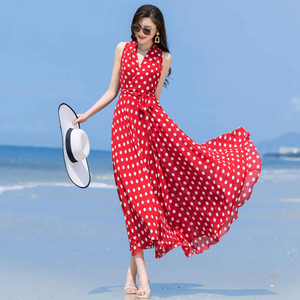 红色大摆连衣裙波西米亚雪纺沙滩裙海边度假超仙气质显瘦三亚长裙