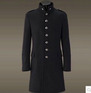 春季立领羊毛呢大衣中长款男士修身复古单排扣德国军装外套潮大码