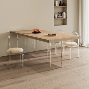原木风亚克力木纹岩板餐桌家用现代简约高端轻奢长方形悬浮西餐桌