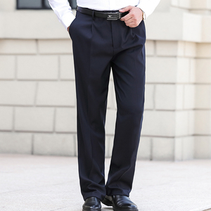 西裤男宽松中老年男士夏季薄款料子裤大码爸爸涤纶藏青高腰裤子