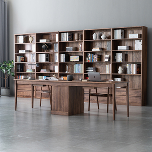 实木一体书架整墙定制书房书橱设计整原木黑胡桃木组合柜卡座书柜