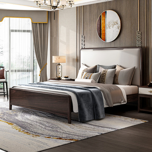 实木床民宿新中式风格原木纯实木厂家直销现代简约真皮乌金木新款