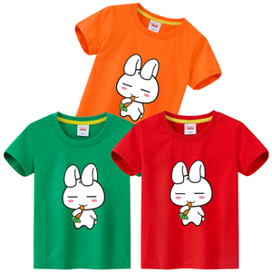 儿童橙色t恤 兔子图案童装男童全棉上衣 女童宝宝短袖六一演出服