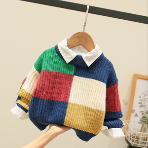 儿童毛衣针织衫加厚2022秋冬新款中小童婴儿拼色圆领套头上衣洋气