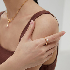 Dorcaloo气质s925银珍珠戒指开口可调节食指戒双色女指环尾戒饰品