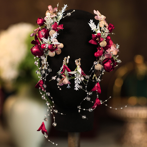 森女系仙美仿真鲜花新娘头饰红色边夹套装影楼摄影婚礼馆写真发饰