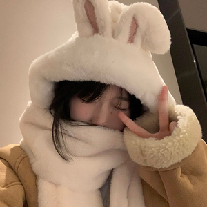 白色兔子耳朵帽子围巾一体女冬季韩版可爱加厚保暖围脖手套三件套