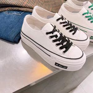 ig女鞋真皮休闲小白鞋女2022春季韩版纯色系带厚底低帮圆头平板鞋