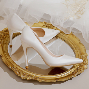 高跟鞋女2024年新款法式优雅百搭单鞋细跟浅口礼服白色婚纱新娘鞋