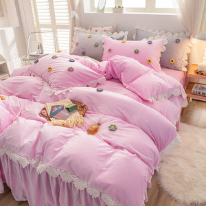 ins公主风水晶绒床裙四件套日系粉色少女心珊瑚绒双面绒1.8米床冬