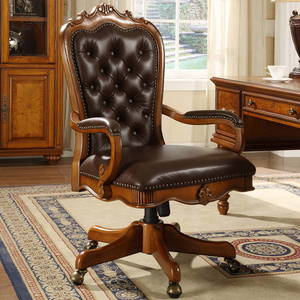 欧式书房实木雕花真牛皮书椅可旋转升降办公椅美式奢华老板椅现货