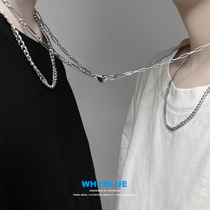 WHYBLUE双层情侣爱心磁铁项链钛钢不掉色相吸一对叠戴拼接设计酷