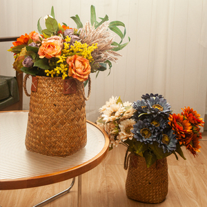 田园藤编花篮手工编织草编花盆北欧客厅装饰竹编草编干花插花花器