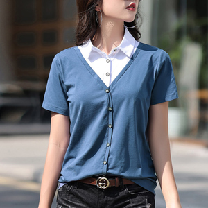 假两件短袖女t恤宽松2022夏季气质衬衣领商务翻领带有领纯棉上衣