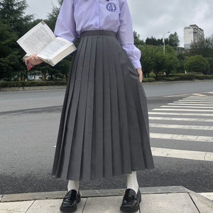 不良jk百褶裙中长裙基础款半身裙纯色绀学院风黑灰色制服大码秋冬