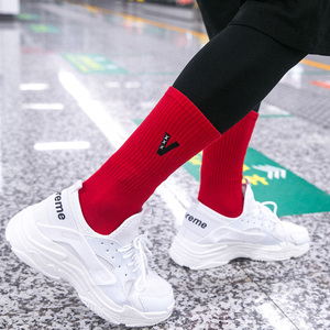 本命红袜子男白潮长筒街头嘻哈欧美潮牌工装裤运动日系韩版中筒袜