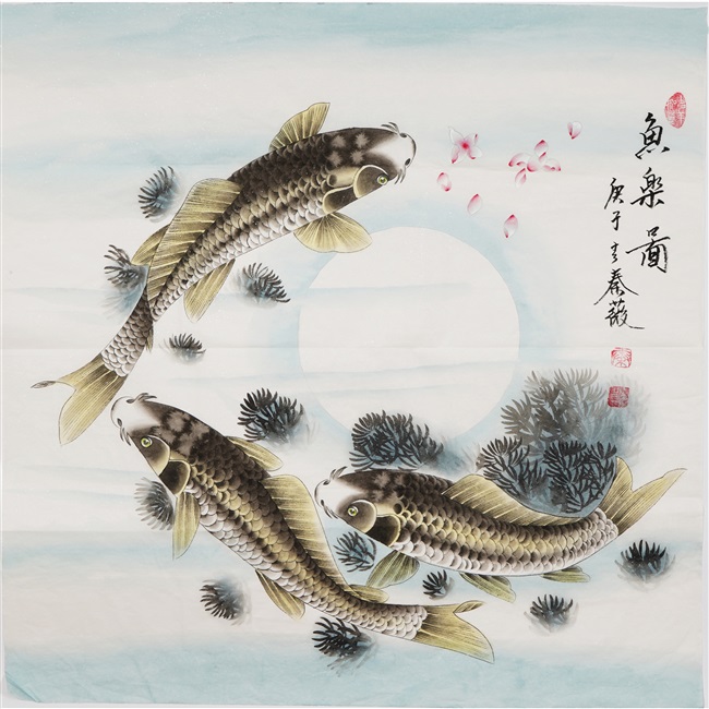 斗方工笔画花鸟国画荷花鱼连年有鱼九鱼图装饰画秦薇字画01717