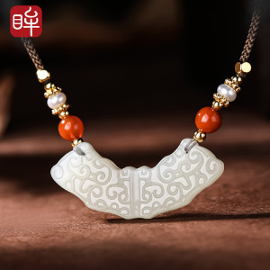 印象眸古法传承系列 和田玉吊坠 浅青玉青玉仿古雕工玉璜挂件