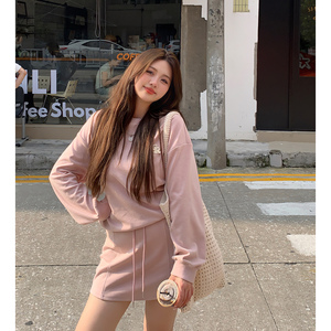 椰子伊1 韩版粉色套装裙女秋季微胖显瘦长袖卫衣高级感气质两件套