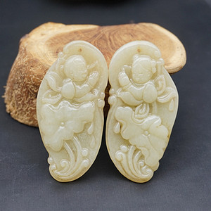 和田玉浮雕荷花金童玉女吊坠挂件对佩仿明清做旧童子童女玉佩玉坠