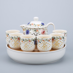 镂空蜂窝玲珑茶具套装大号大杯泡茶壶青花陶瓷水壶带过滤茶盘整套
