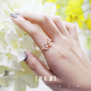 日系轻奢食指戒指女开口花朵时尚纯银个性女士小众设计玫瑰金叶子
