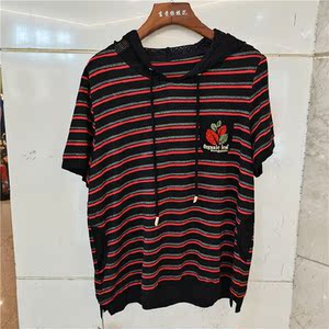 亨格舒25315大码中老年妈妈女装2021夏休闲宽松连帽横条纹短袖t恤