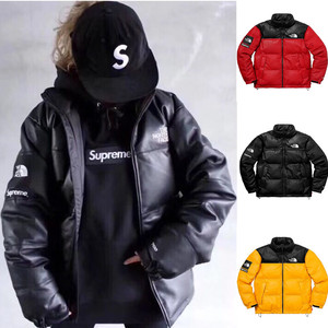 代购supreme 19fw 北面联名皮面皮质皮衣 外套 男女tnf保暖羽绒服