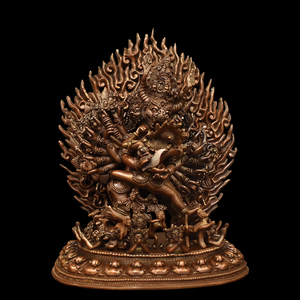 大威德金刚双身护法像佛像尼泊尔紫铜雕刻藏密宗家居供奉摆件24cm