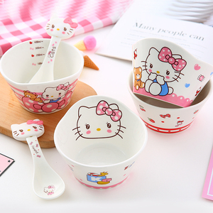 儿童饭碗粉色女孩哈喽kt猫可爱卡通餐具带勺子陶瓷碗幼儿园小孩碗