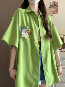 牛油果绿学院风短袖衬衫外套女夏季多巴胺翻领叠穿小个子开衫衬衣