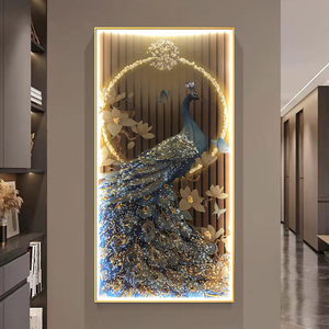 声控LED灯光孔雀新中式玄关装饰画高端烤瓷镶钻入户走廊过道壁画
