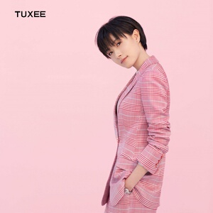 正品tuxee万茜明星同款衣服粉色格子西装直筒裤时尚职业女装气质