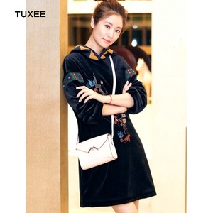 正品tuxee明星林心如同款衣服黑色金丝绒刺绣连帽卫衣女装中长连