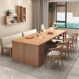 北欧客厅实木大书桌书柜一体学习桌带抽屉家用长条桌办公桌多功能