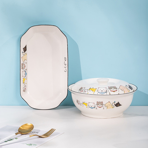 日式创意汤碗家用蒸鱼盘子个性品锅鱼盘组合餐具可爱猫咪碗碟套装
