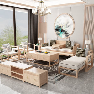 新中式实木布艺沙发三人位组合小户型客厅大厅原木色木质别墅民宿