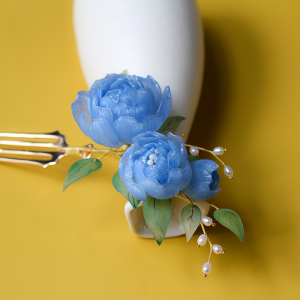 怀瑾稷 空山新雨 古风纯手工原创热缩片发钗蓝色花瓣汉服盘发发梳