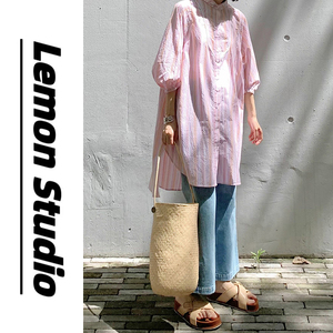 Lemon  23SS「寻夏日记」粉色条纹衬衫棉感坑条连衣裙日系减龄