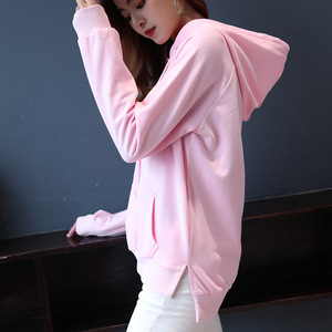 开叉卫衣女韩版宽松连帽春秋新款学院风chic纯色前短后长外套