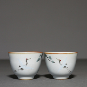 纯手绘汝窑松鹤延年功夫茶杯陶瓷家用品茗杯复古主人杯