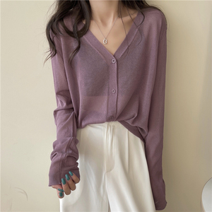 紫色冰丝防晒针织开衫女装2024夏季薄款外套v领罩衫宽松长袖上衣