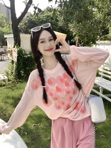 韩系水蜜桃印花薄款防晒长袖T恤女夏季罩衫减龄百搭宽松显瘦上衣