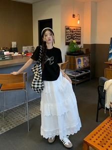 韩系穿搭套装女蝴蝶结印花短袖T恤夏季白色A字裙蛋糕半身裙两件套