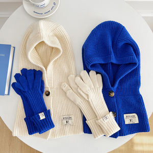 巴拉克拉法帽秋冬季女韩版洋气针织帽保暖脖套包头毛线手套两件套